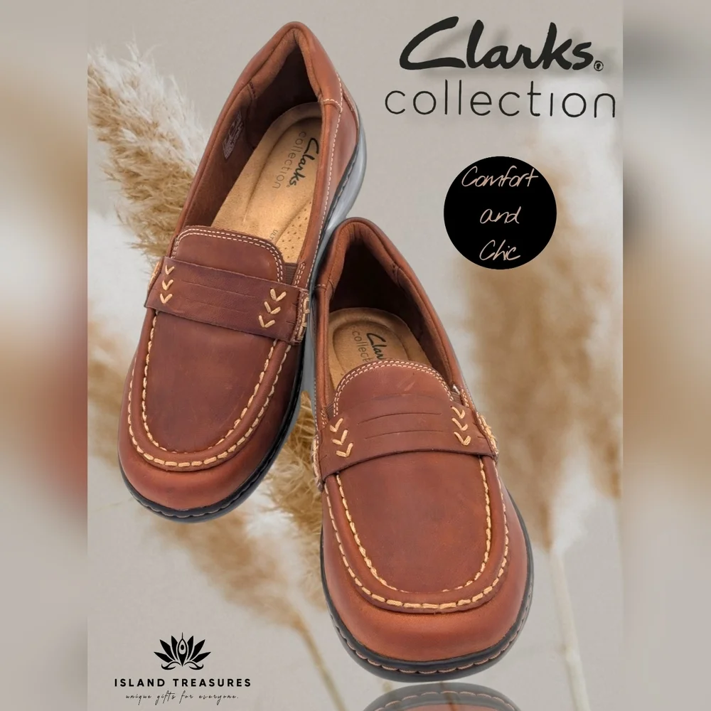 Clarks Cora Ashley Loafer Women's Size 8M Dark Tan Genuine Leather Moccasins